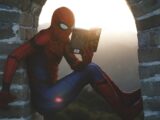 Spider-Man leaning on concrete brick while reading book