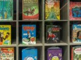 assorted books on blue wooden shelf