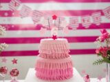 pink birthday cake on tabletop