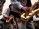A group of men in costume playing musical instruments