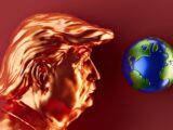 A golden trump looks at planet earth.