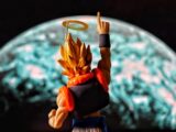 Anime figure pointing upwards with planet background