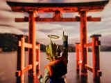 Anime character with halo points to sky at shrine