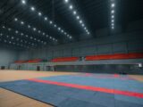 Empty indoor stadium with blue and red mat