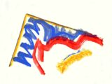 Abstract painting with blue, red, and yellow lines.