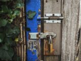Old wooden gate with rusty locks and ivy