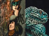woman wearing glasses beside smirking woman and gray and blue snake collage paintings
